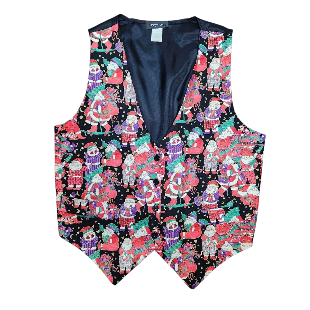 Vintage 90s‎ Holiday Ugly Christmas Santa Vest Cottage Granny Red Black Kitsch L